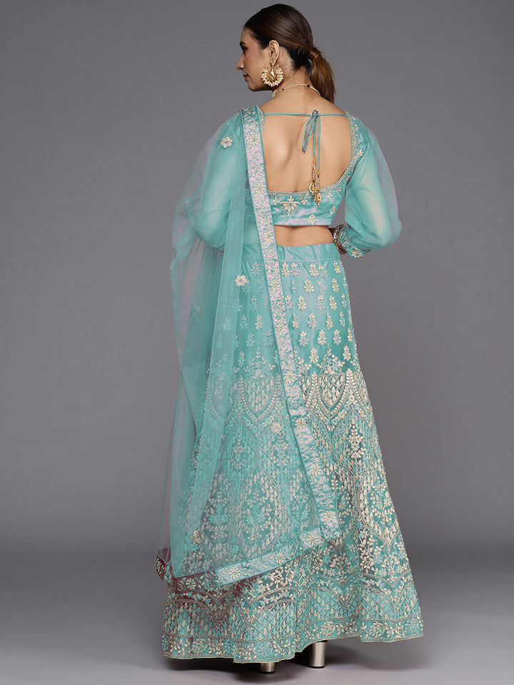 Turquoise Blue Zari & Resham Floral Embroidered Net Lehenga Choli Set