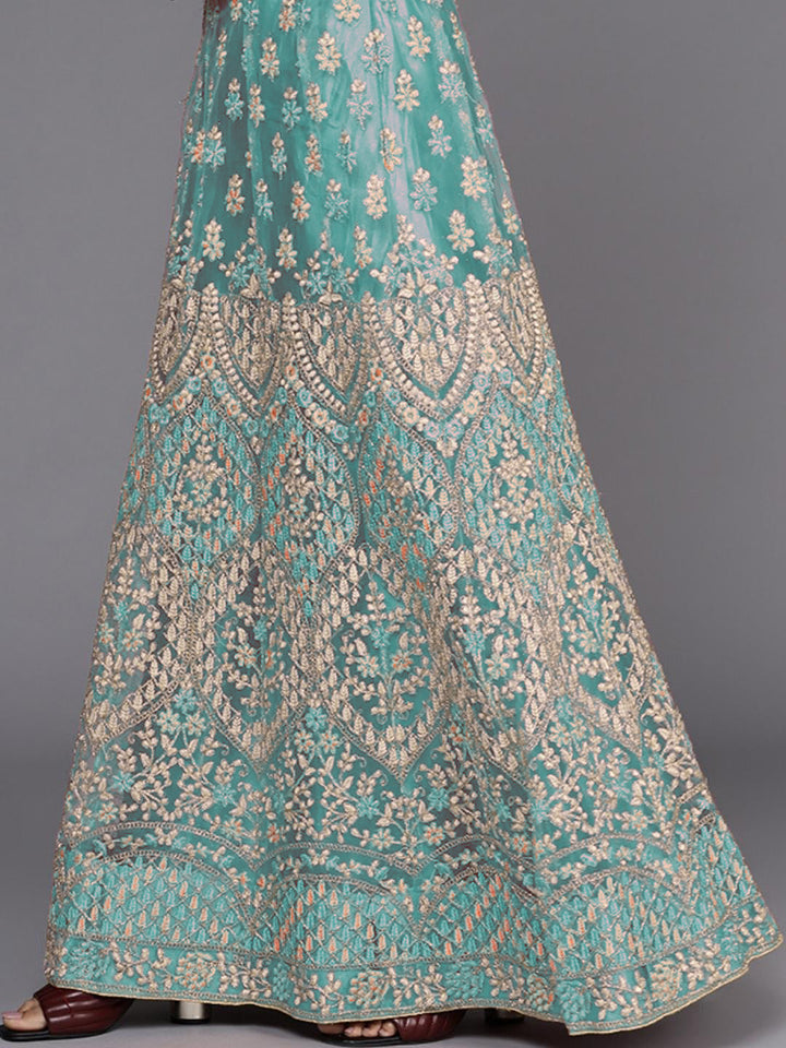 Semi-stitched Turquoise Blue Floral Embroidered Net Lehenga Choli Set