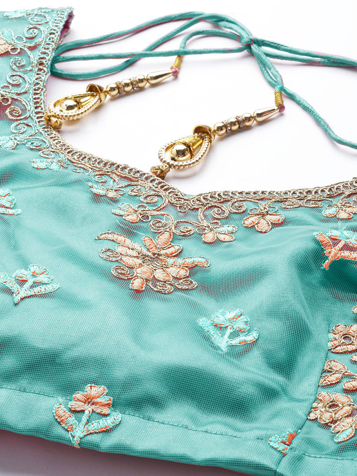Semi-stitched Turquoise Blue Floral Embroidered Net Lehenga Choli Set