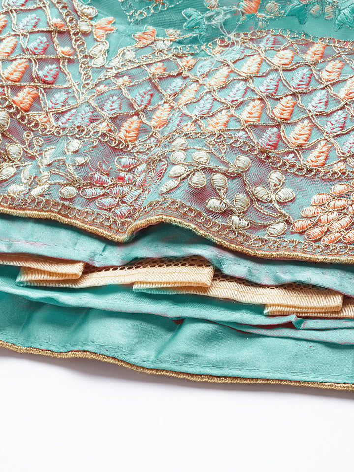 Turquoise Blue Zari & Resham Floral Embroidered Net Lehenga Choli Set
