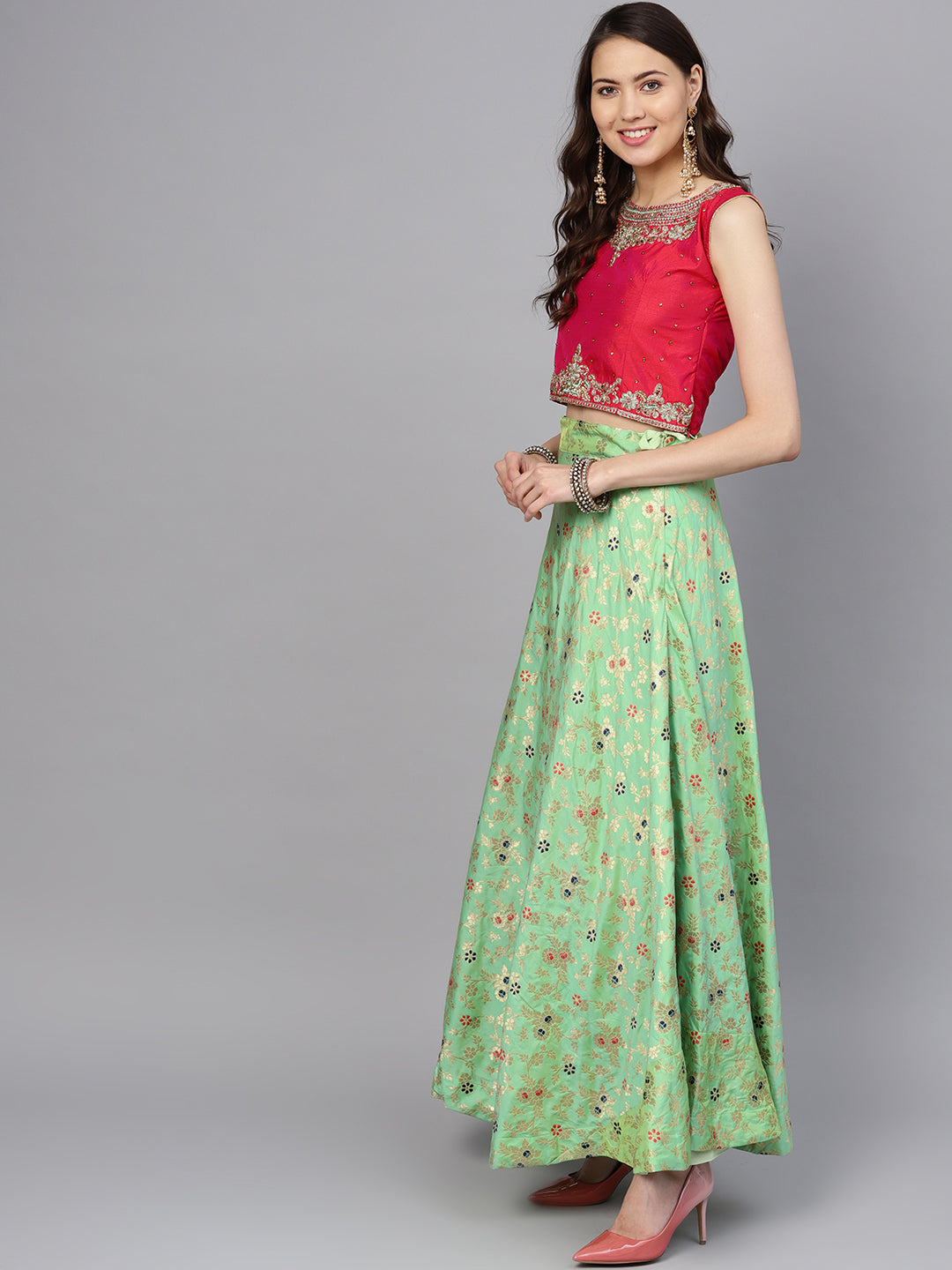 Banarasi Silk Crop Top Lehenga with Embroidered blouse