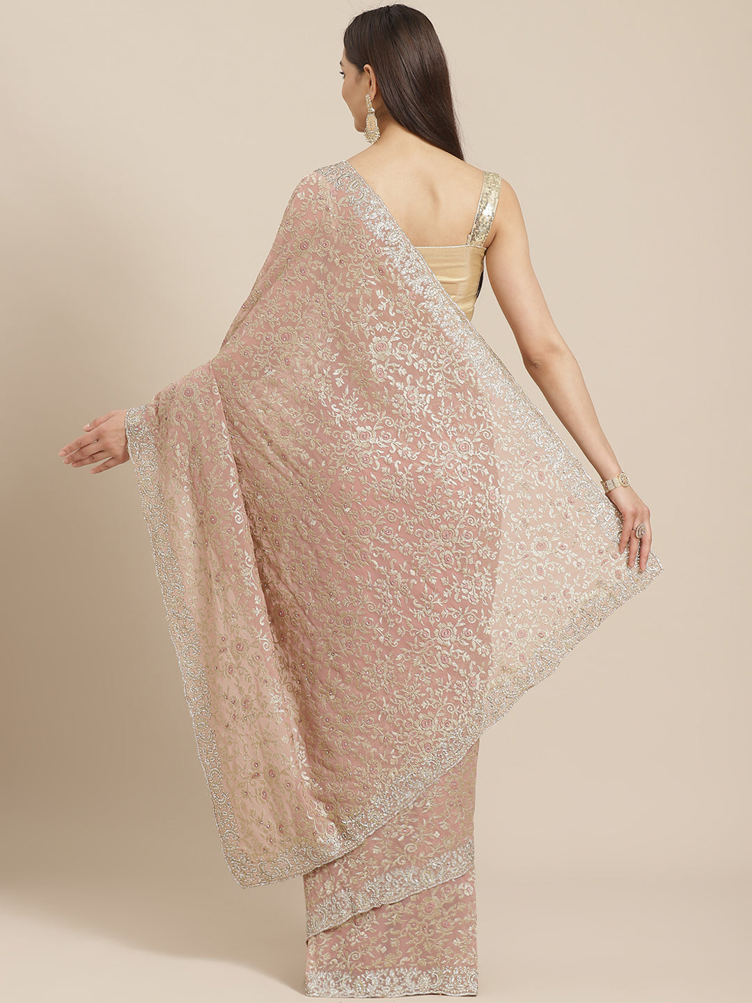 Embellished Scalloped Cocktail Saree with Swarovski Crystals & Zari Floral Embroidery