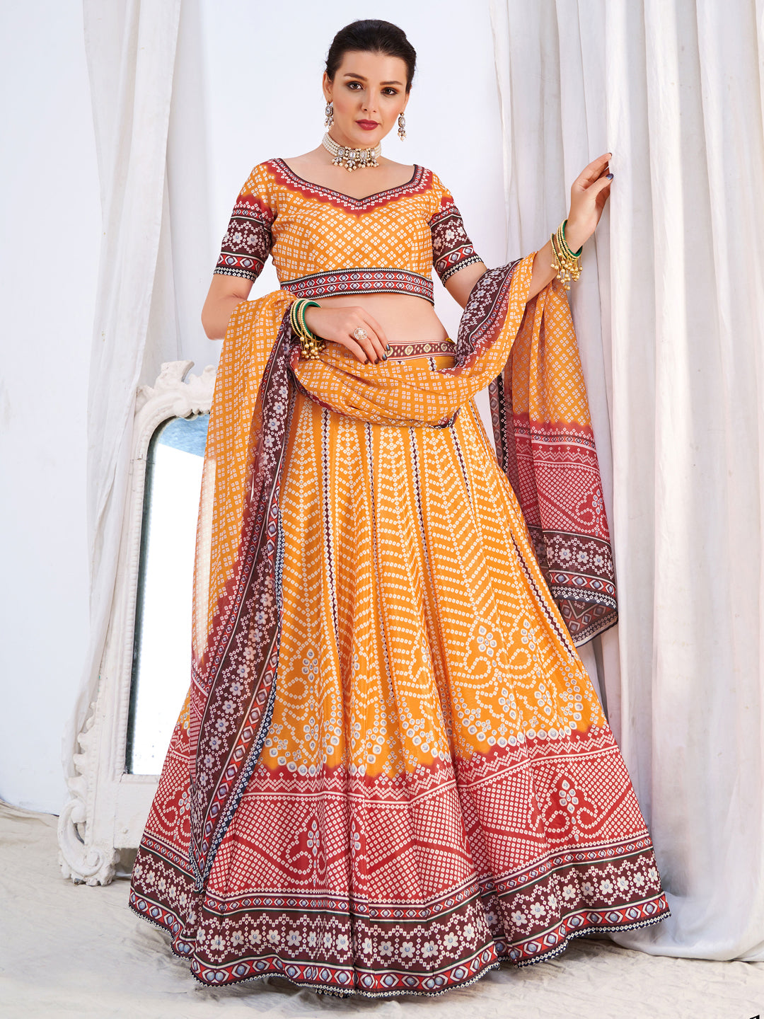 Ombre Embellished Mustard Maroon Bandhani Print Lehenga Choli Set