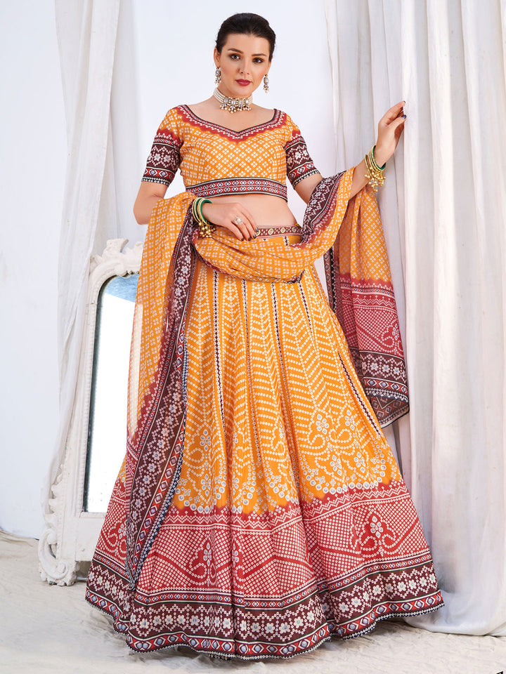 Ombre Embellished Mustard Maroon Bandhani Print Lehenga Choli Set