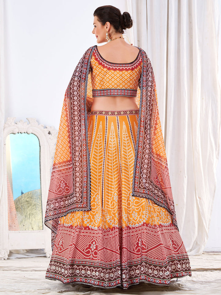 Ombre Embellished Mustard Maroon Bandhani Print Lehenga Choli Set