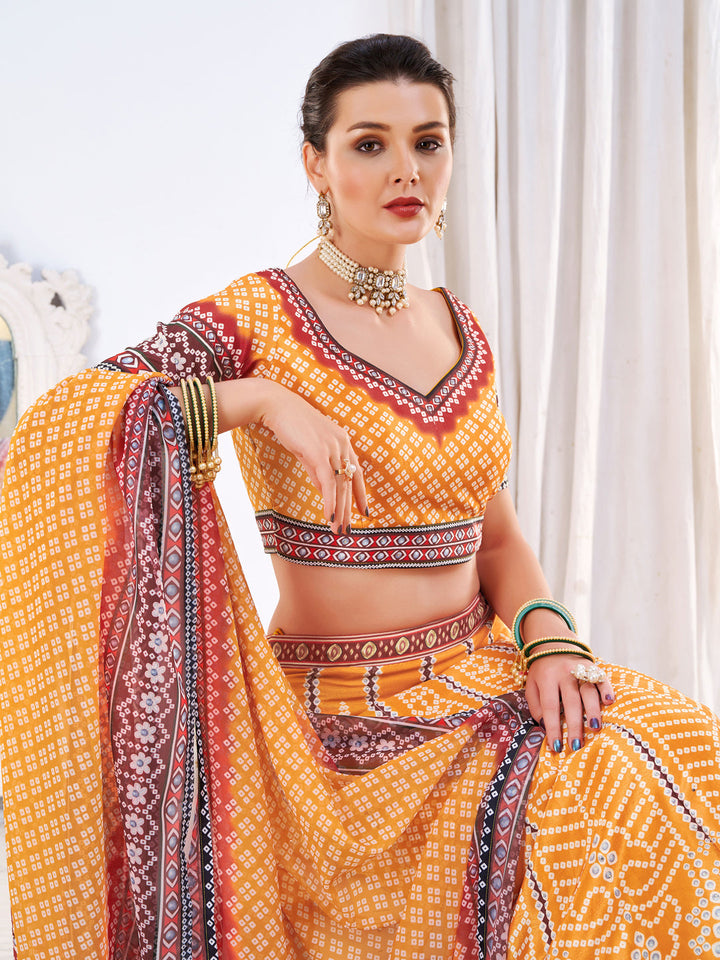 Ombre Embellished Mustard Maroon Bandhani Print Lehenga Choli Set