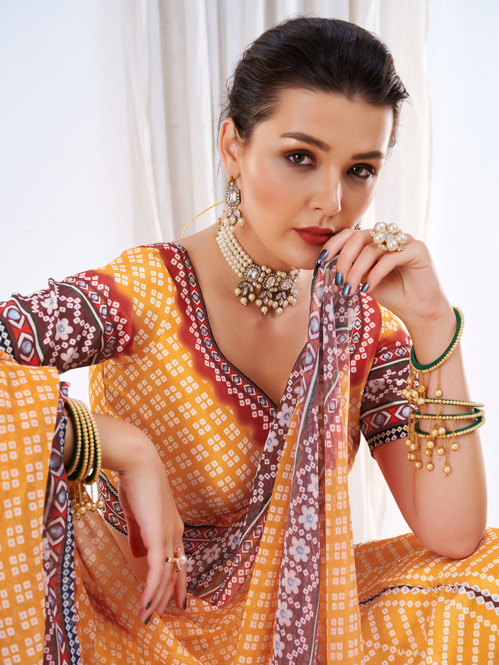 Ombre Embellished Mustard Maroon Bandhani Print Lehenga Choli Set