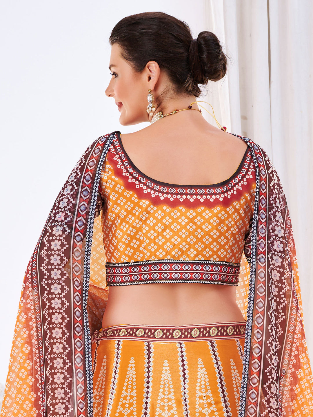 Ombre Embellished Mustard Maroon Bandhani Print Lehenga Choli Set