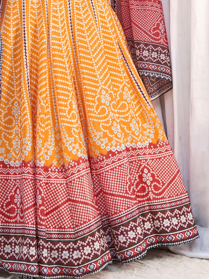 Ombre Embellished Mustard Maroon Bandhani Print Lehenga Choli Set