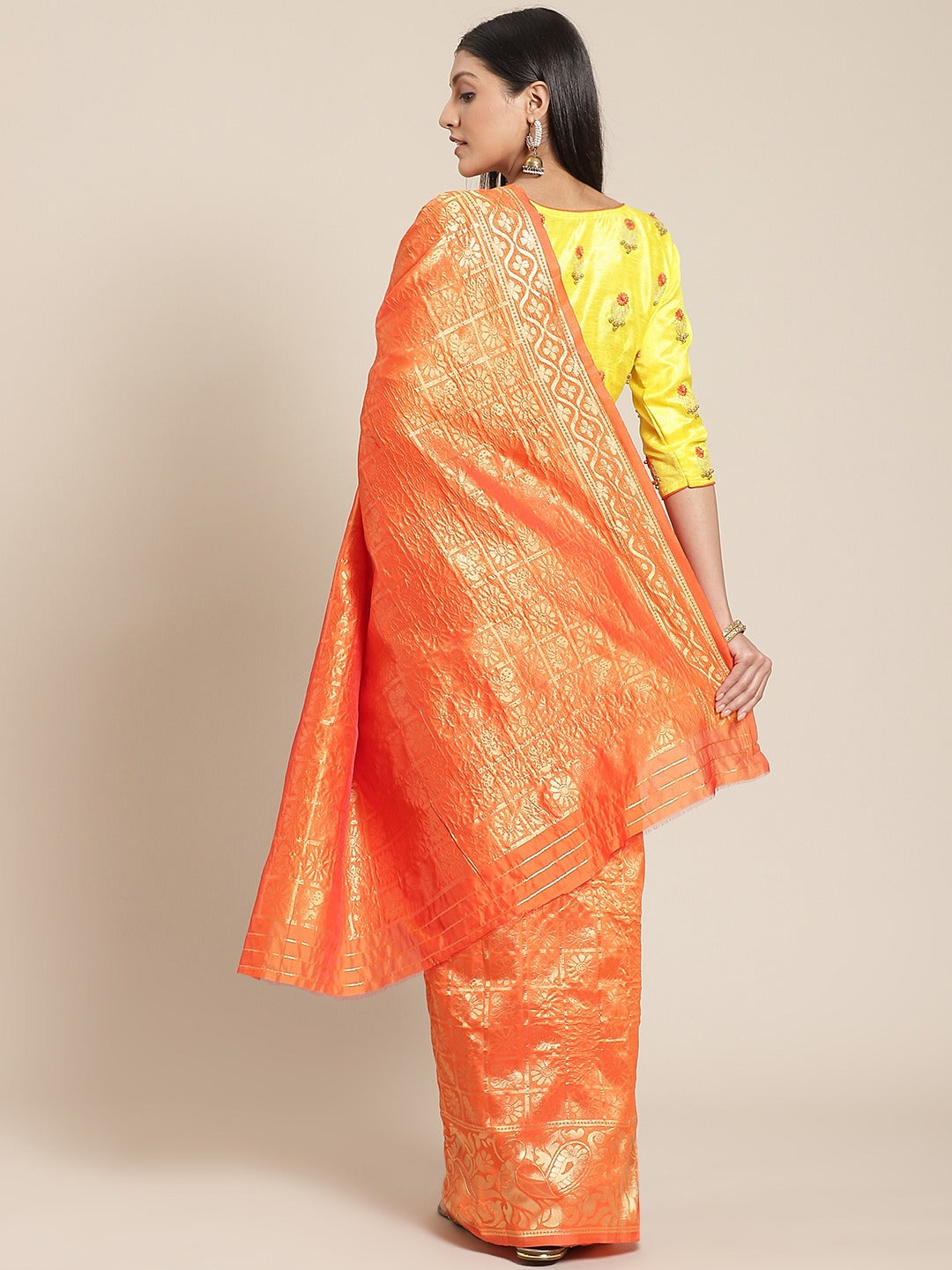 Orange Banarasi Woven Silk Saree With Peacock Motifs , Embellished Bead Work Blouse
