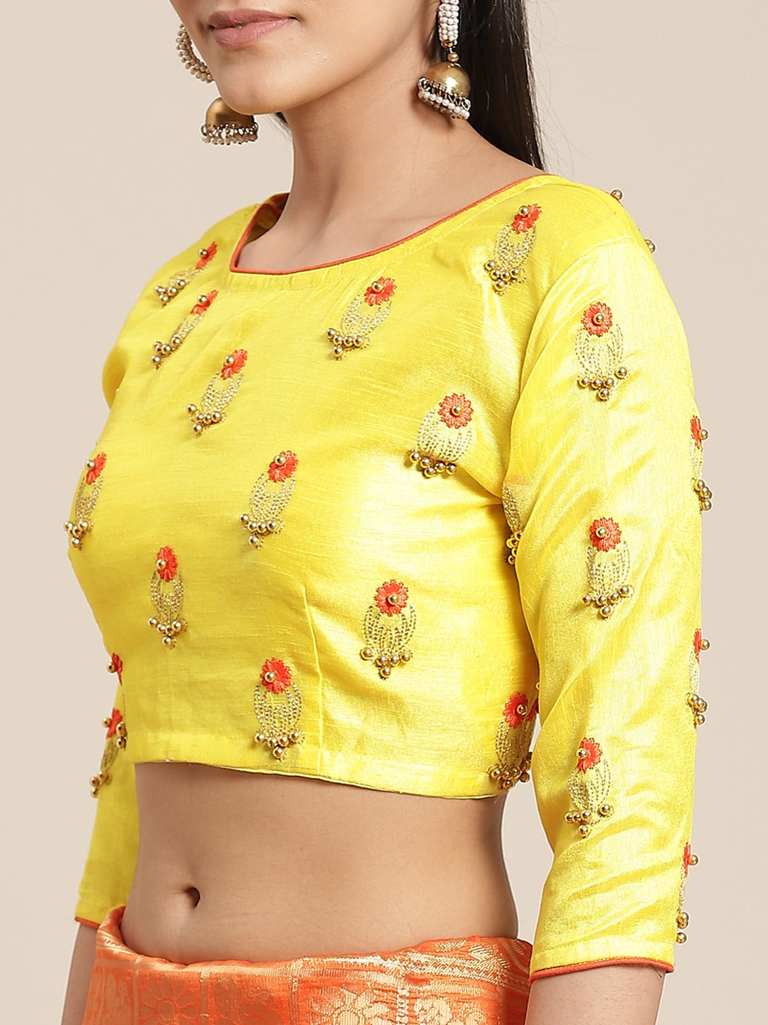 Orange Banarasi Woven Silk Saree With Peacock Motifs , Embellished Bead Work Blouse