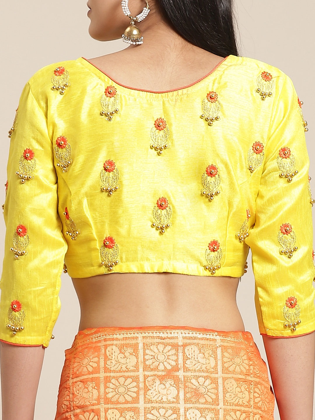 Orange Banarasi Woven Silk Saree With Peacock Motifs , Embellished Bead Work Blouse