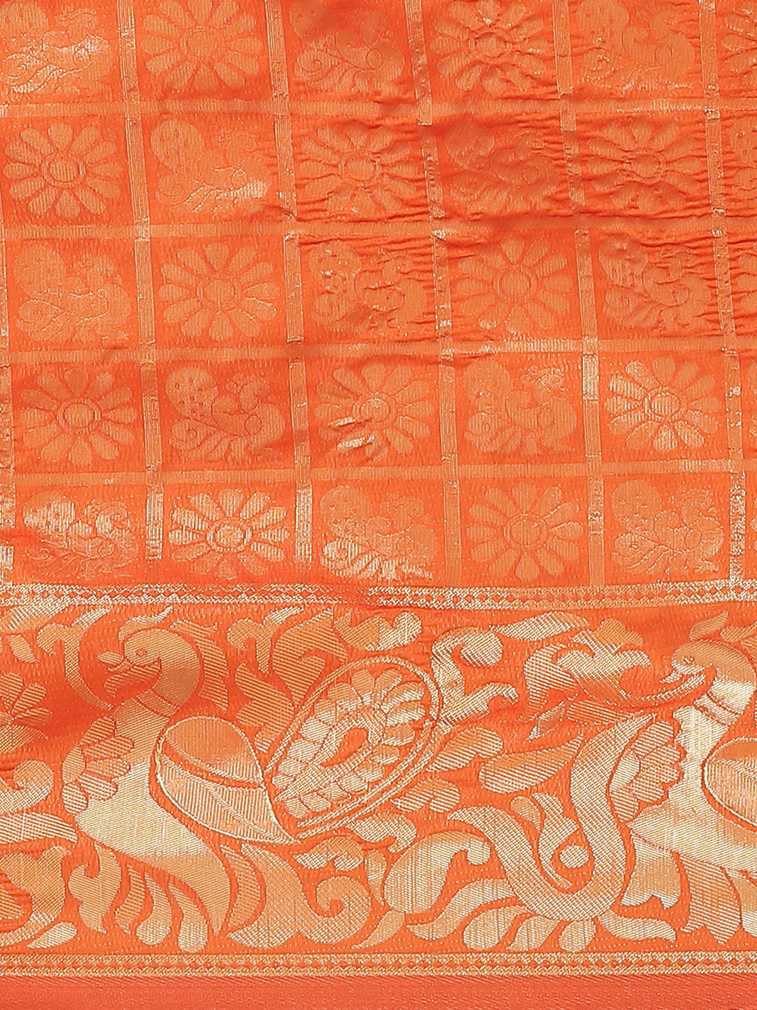 Orange Banarasi Woven Silk Saree With Peacock Motifs , Embellished Bead Work Blouse