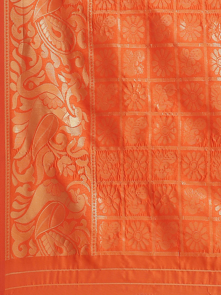 Orange Banarasi Woven Silk Saree With Peacock Motifs , Embellished Bead Work Blouse