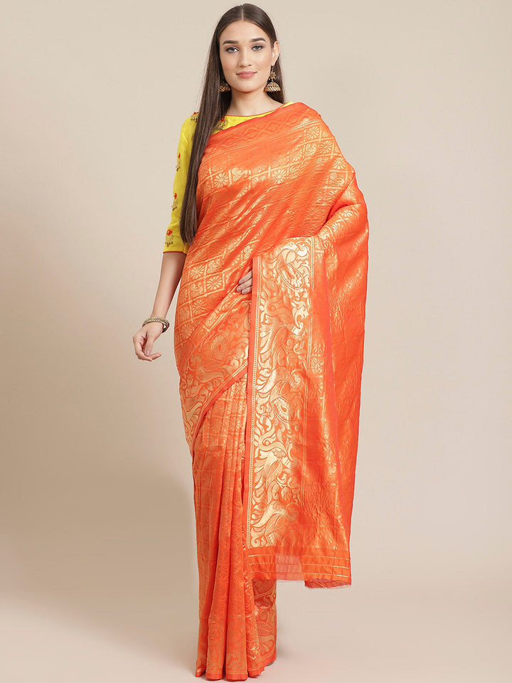 Orange Banarasi Woven Silk Saree With Peacock Motifs , Embellished Bead Work Blouse