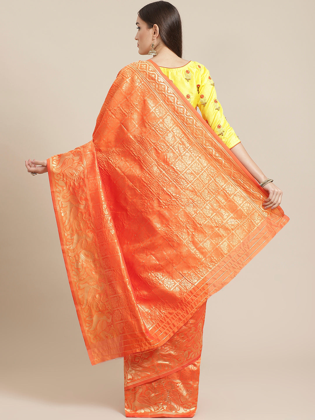 Orange Banarasi Woven Silk Saree With Peacock Motifs , Embellished Bead Work Blouse