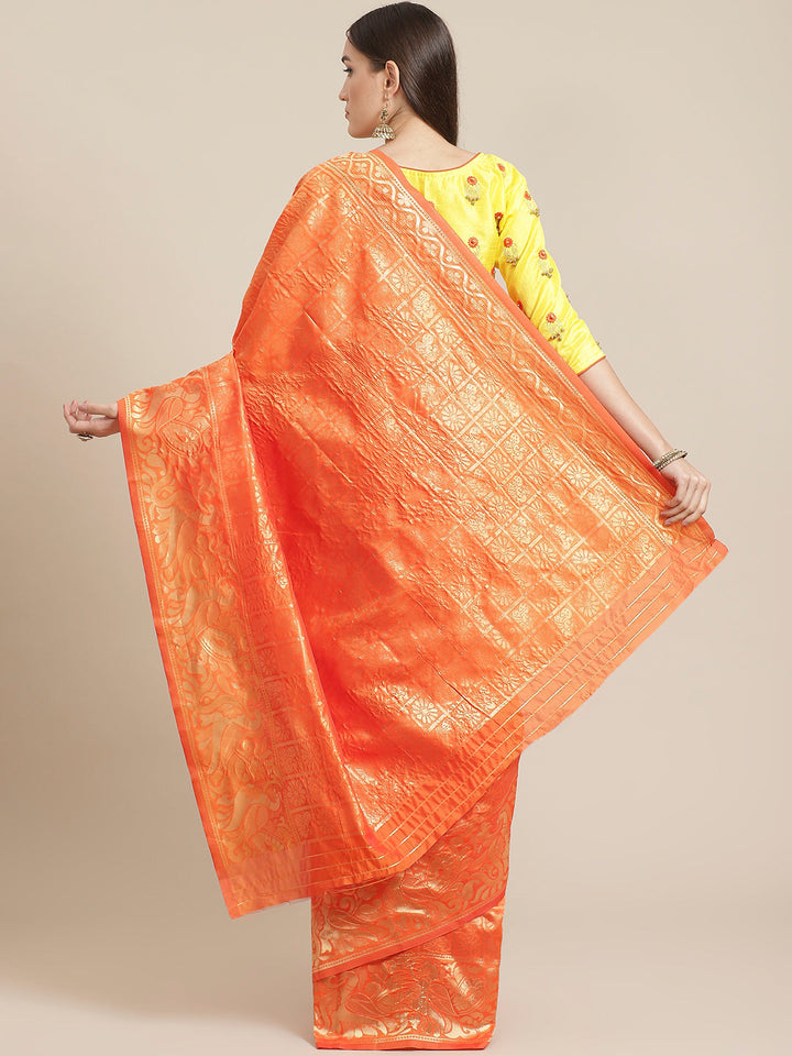 Orange Banarasi Woven Silk Saree With Peacock Motifs , Embellished Bead Work Blouse