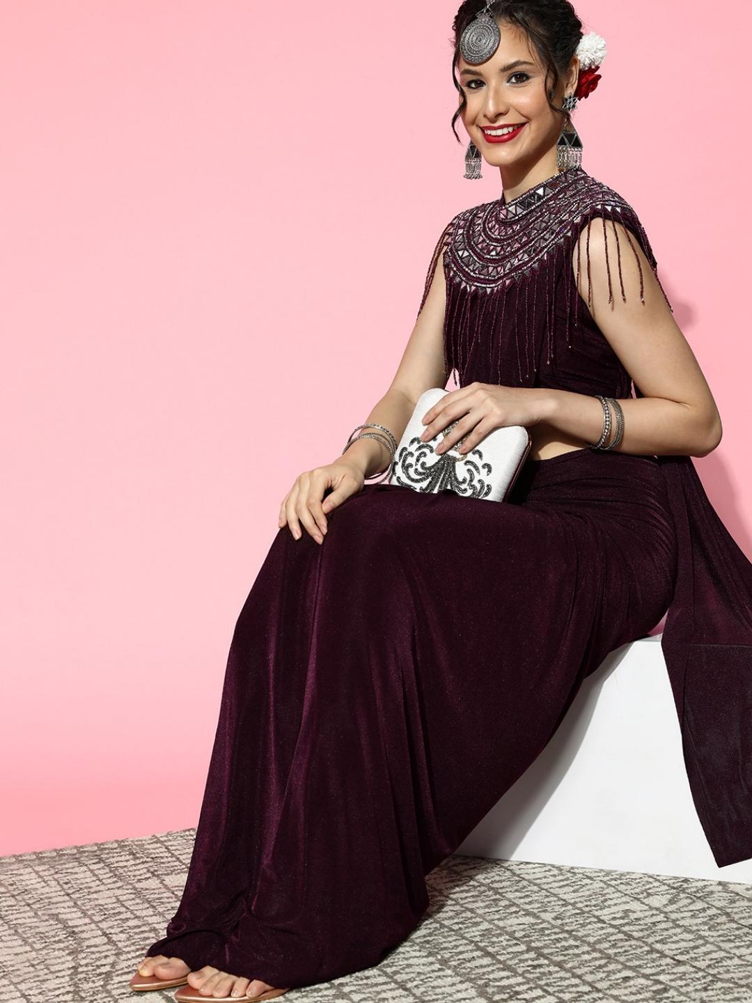 Burgundy Lycra Saree with Mirror Embellished Tassled Necklace Cape