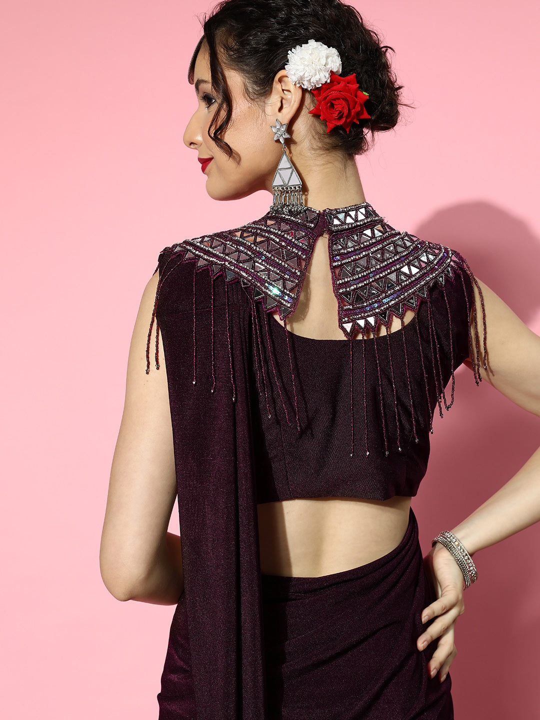 Burgundy Lycra Saree with Mirror Embellished Tassled Necklace Cape