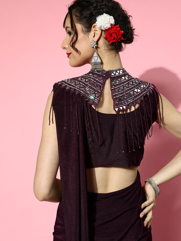 Burgundy Lycra Saree with Mirror Embellished Tassled Necklace Cape