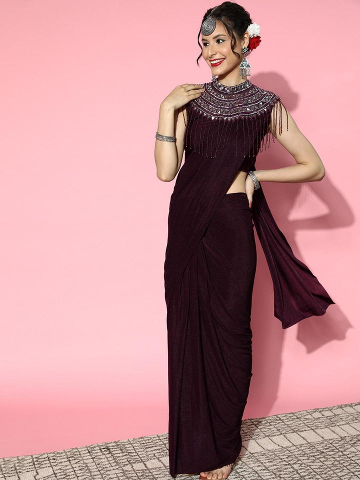 Burgundy Lycra Saree with Mirror Embellished Tassled Necklace Cape