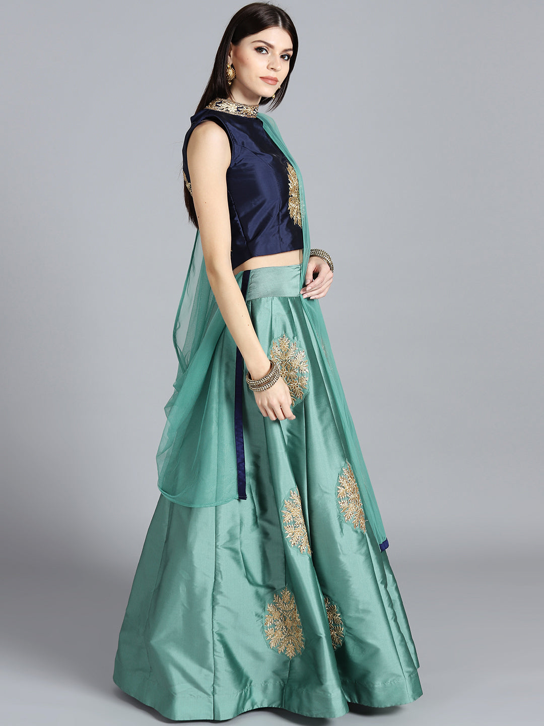 Zari & Kundan Applique Embroidered Crop Top Lehenga Choli