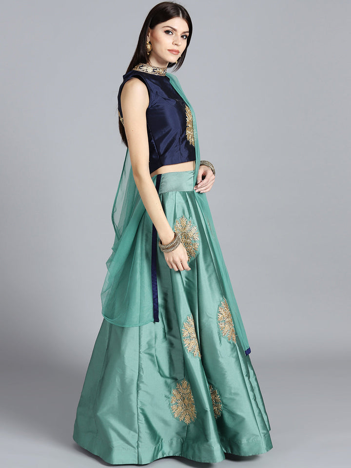 Zari & Kundan Applique Embroidered Crop Top Lehenga Choli