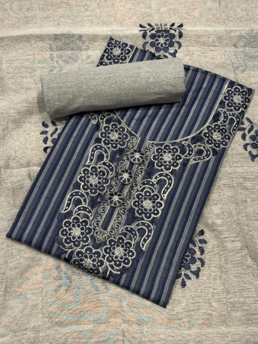 Striped South Cotton Sequinned Unstitched Suit with Floral Resham Embroidery