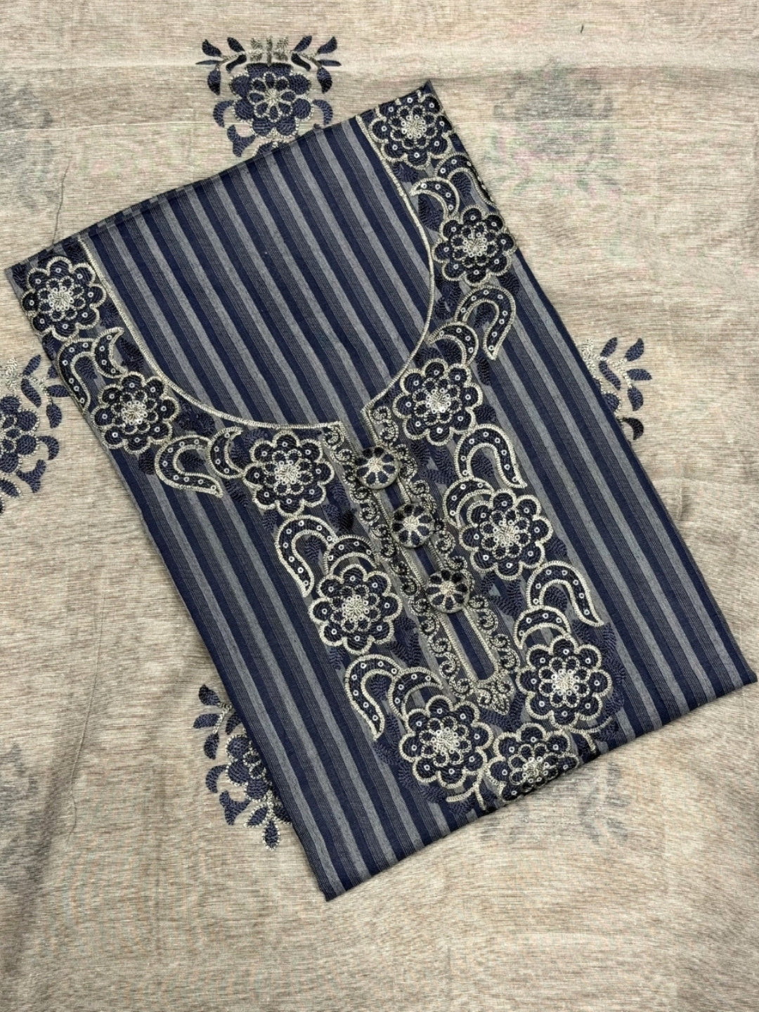 Striped South Cotton Sequinned Unstitched Suit with Floral Resham Embroidery