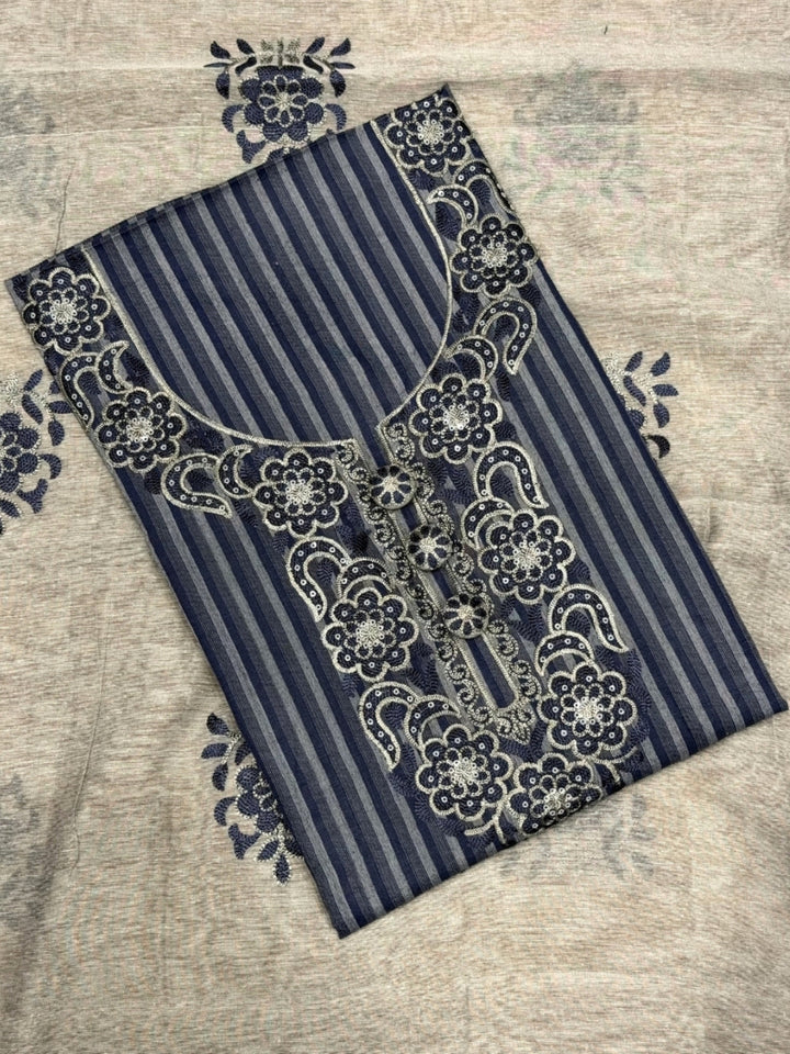 Striped South Cotton Sequinned Unstitched Suit with Floral Resham Embroidery