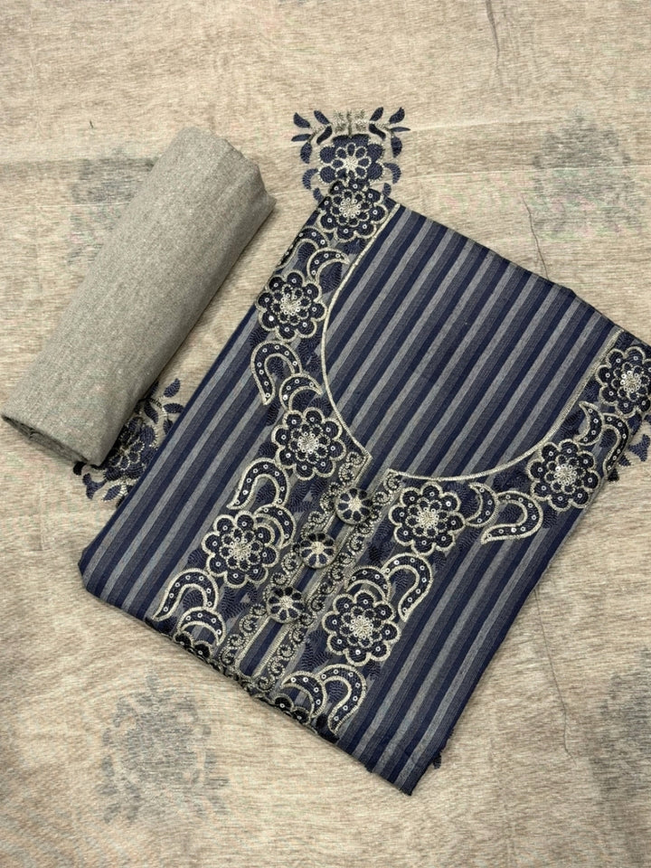 Striped South Cotton Sequinned Unstitched Suit with Floral Resham Embroidery
