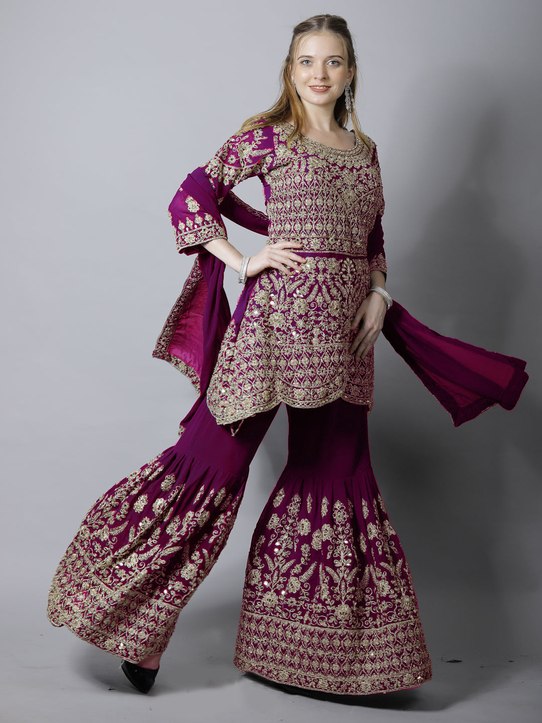 Mughal Style Zari Embroidered Peplum Kurta Gharara Set