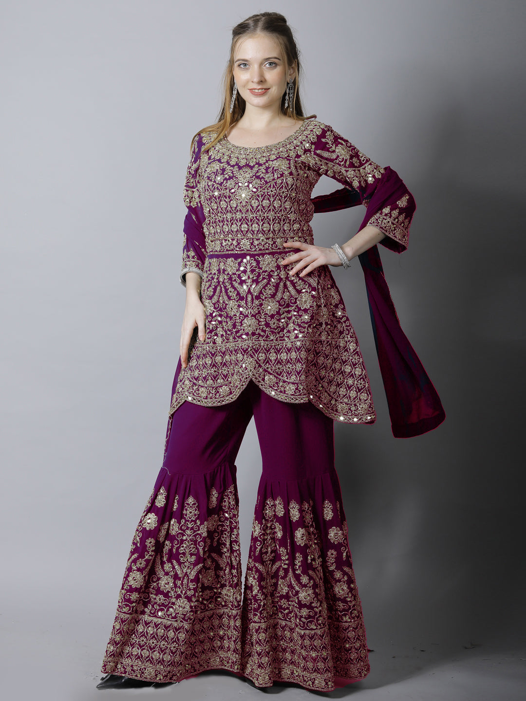 Mughal Style Zari Embroidered Peplum Kurta Gharara Set