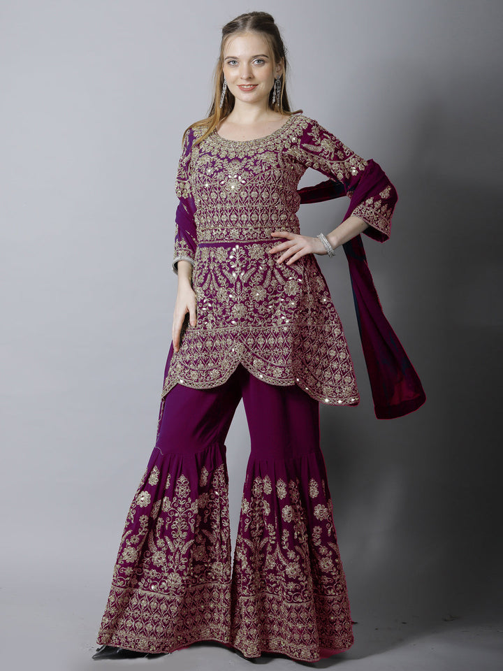 Mughal Style Zari Embroidered Peplum Kurta Gharara Set