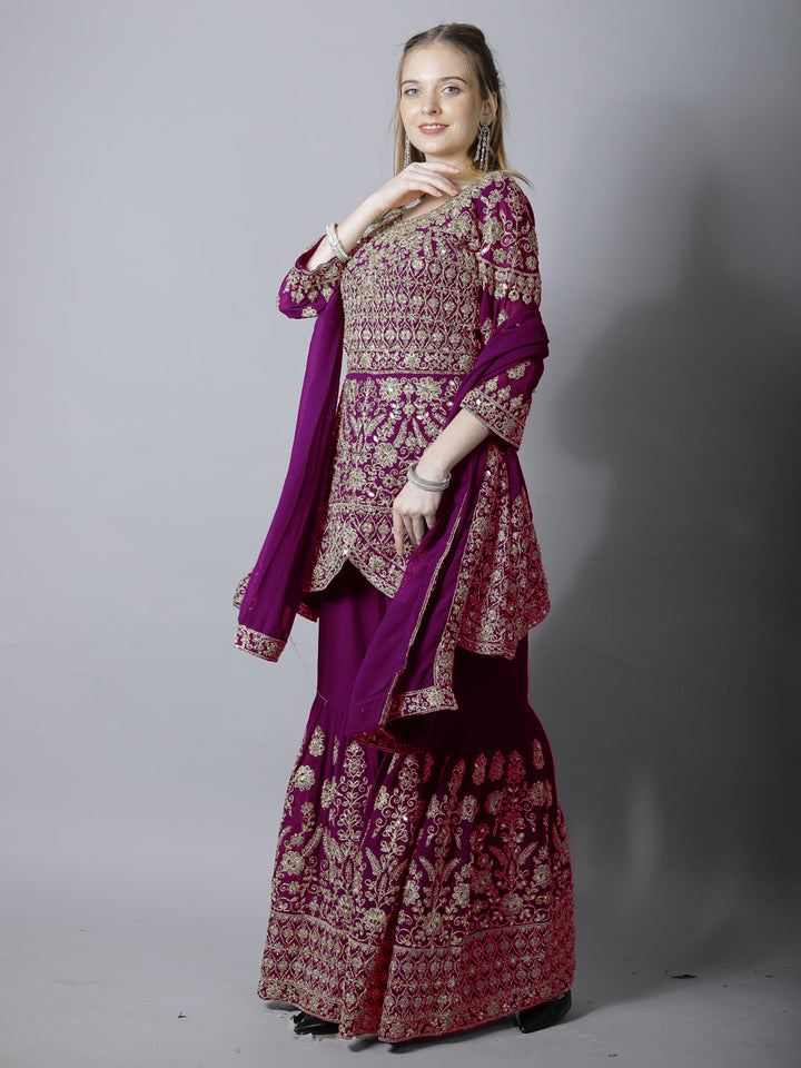 Mughal Style Zari Embroidered Peplum Kurta Gharara Set