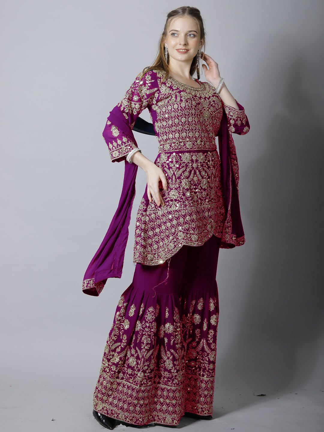 Mughal Style Zari Embroidered Peplum Kurta Gharara Set
