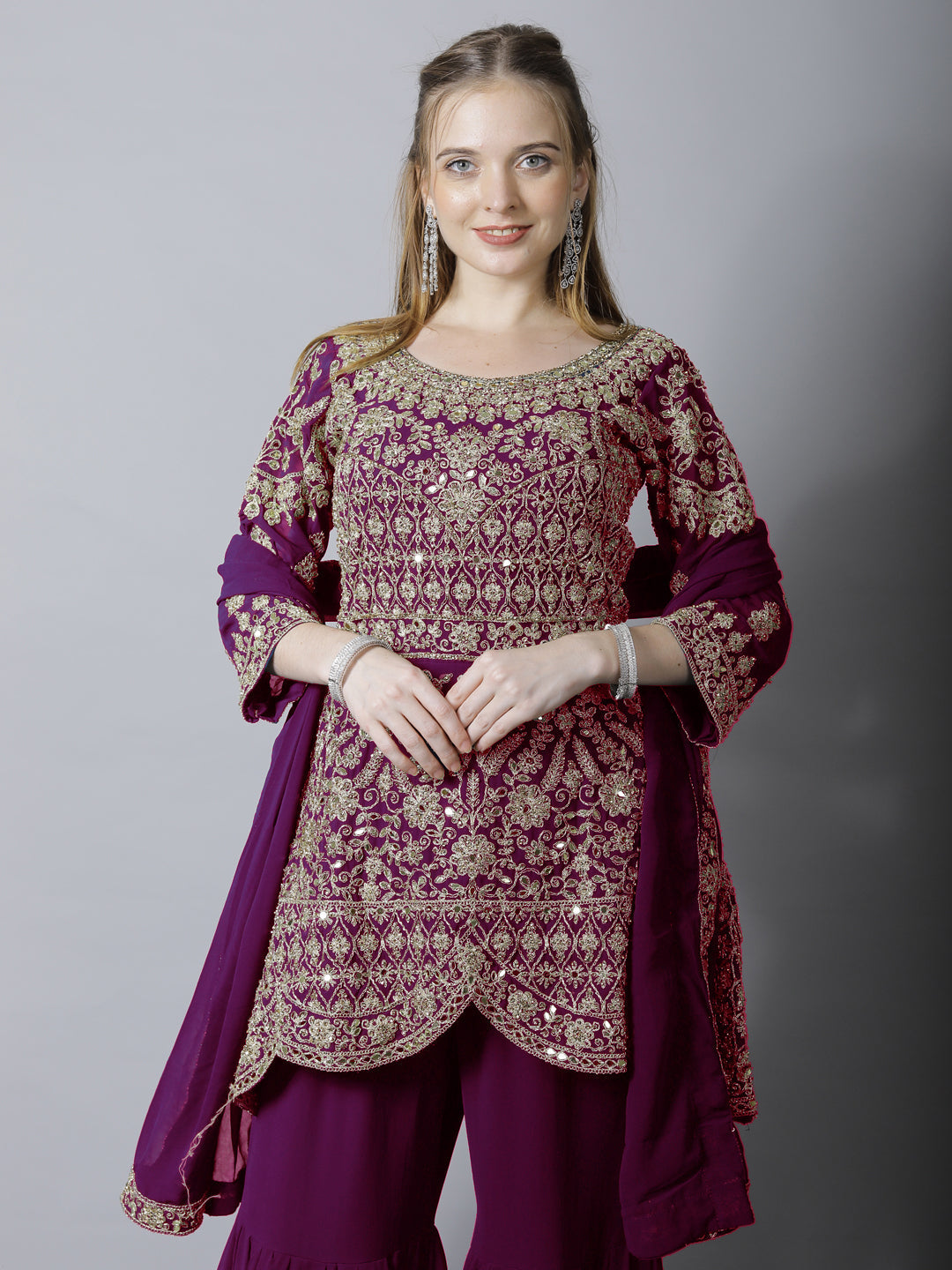 Mughal Style Zari Embroidered Peplum Kurta Gharara Set