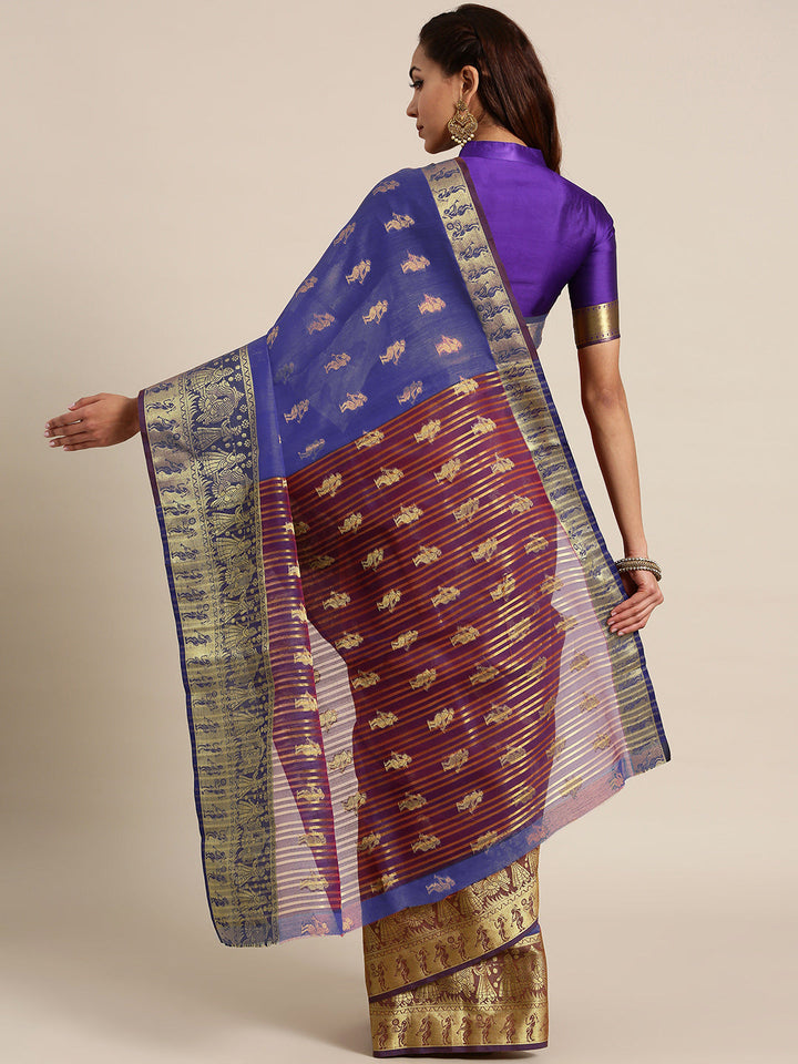 Banarasi Silk Princess Blue Handloom Saree with Ethnic Zari Mughal Motif and Heavy Pallu