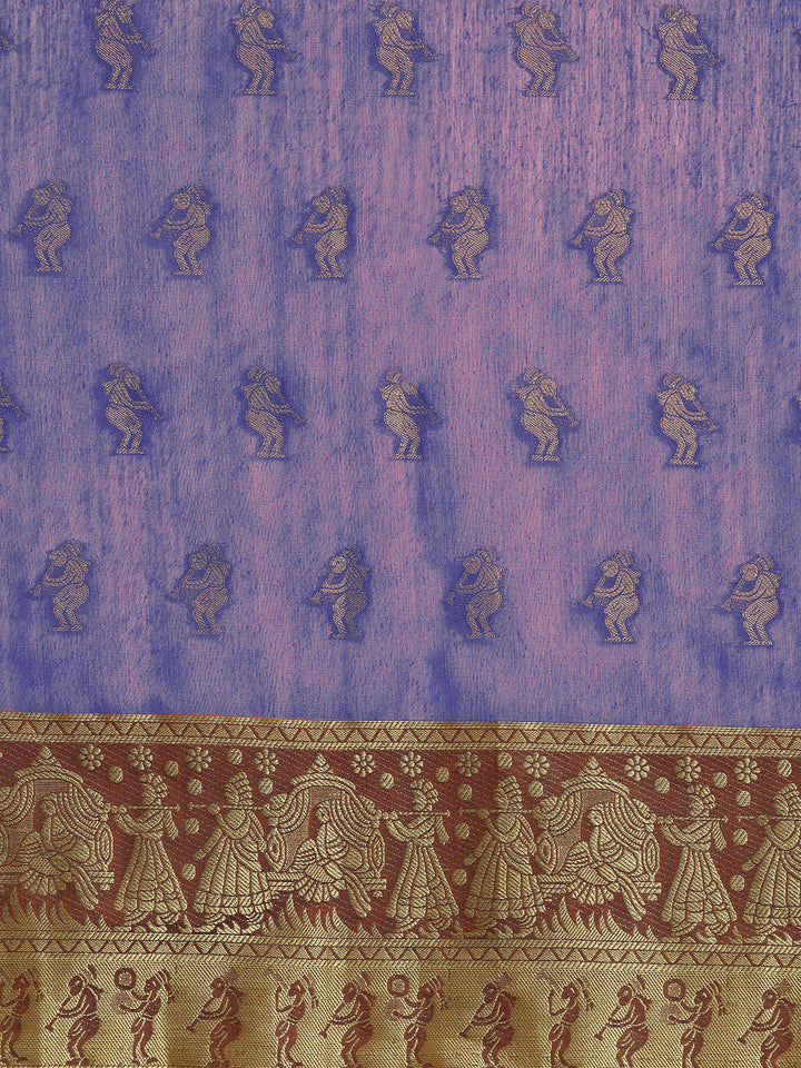 Banarasi Silk Princess Blue Handloom Saree with Ethnic Zari Mughal Motif and Heavy Pallu