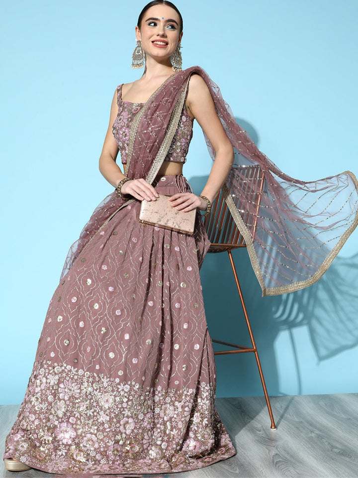 Mauve Embellished Crop Top Georgette Lehenga Set with Net Dupatta