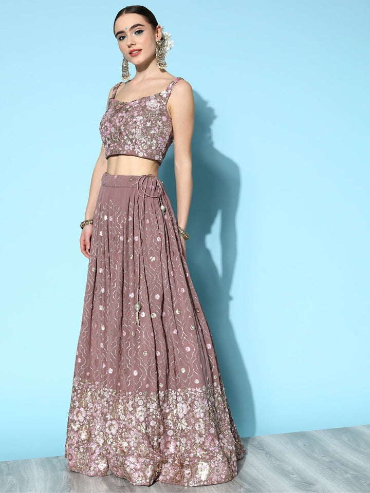 Mauve Embellished Crop Top Georgette Lehenga Set with Net Dupatta