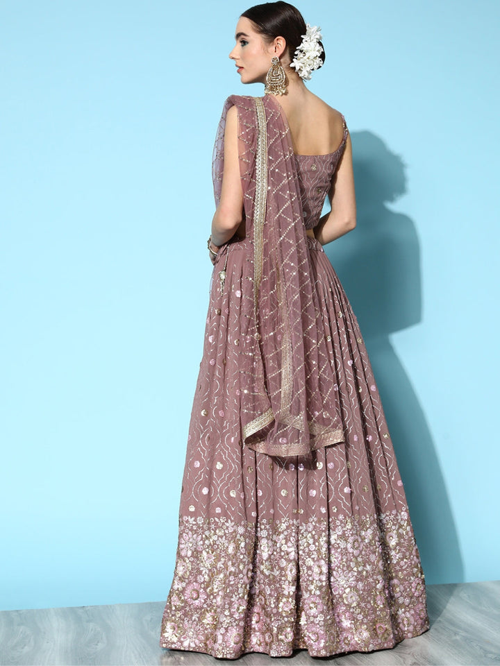 Mauve Embellished Crop Top Georgette Lehenga Set with Net Dupatta