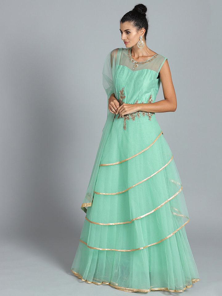Intricate Lace Patchwork Embroidered Floor Length Suit
