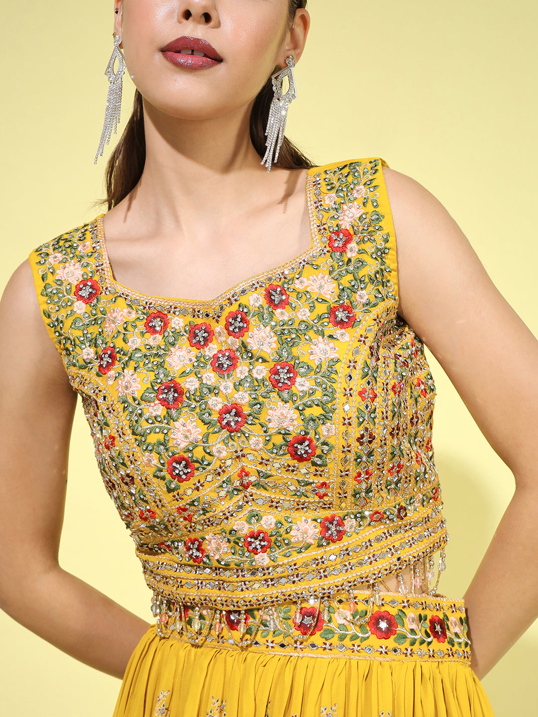 Resham Mirror Embroidered Georgette Blouse with Floral Pleated Lehenga