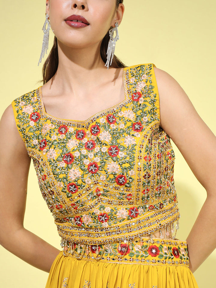 Resham Mirror Embroidered Georgette Blouse with Floral Pleated Lehenga