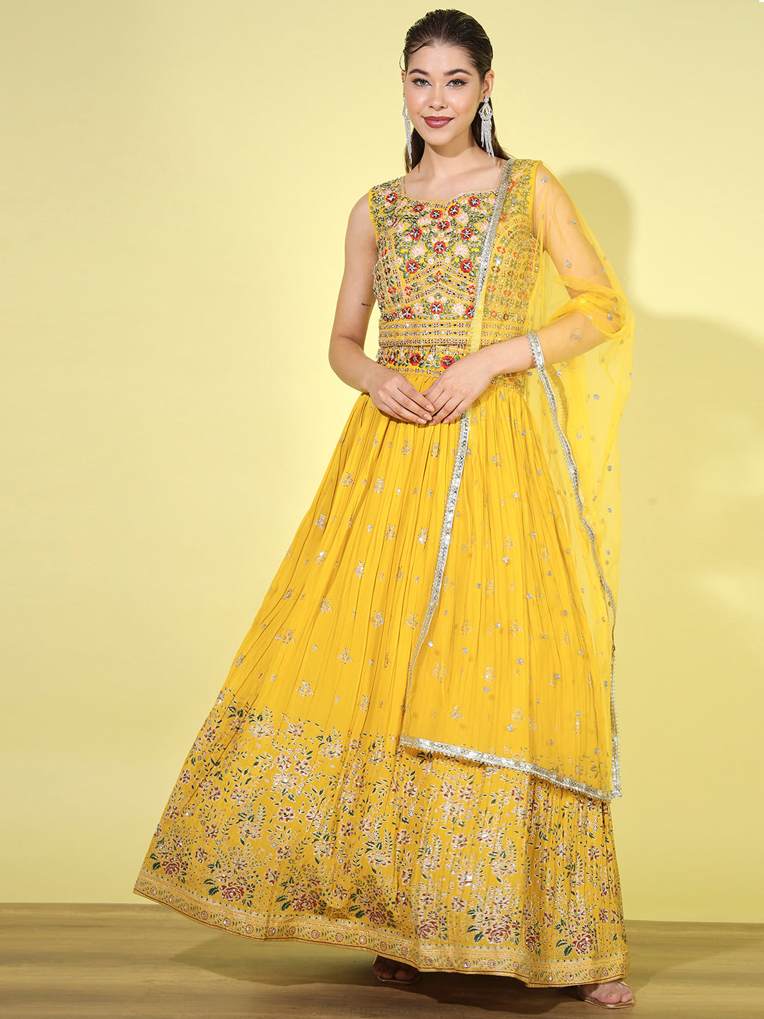 Resham Mirror Embroidered Georgette Blouse with Floral Pleated Lehenga