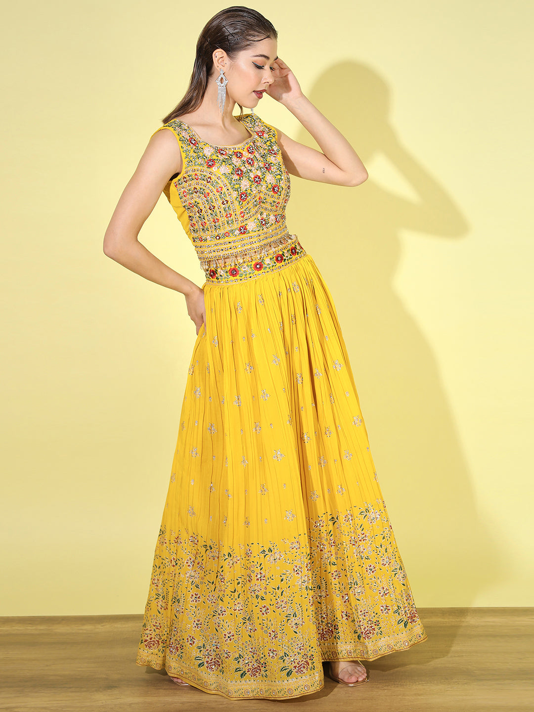 Resham Mirror Embroidered Georgette Blouse with Floral Pleated Lehenga