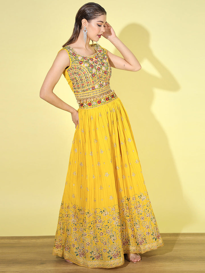 Resham Mirror Embroidered Georgette Blouse with Floral Pleated Lehenga