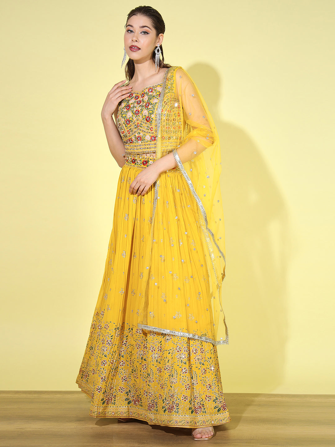 Resham Mirror Embroidered Georgette Blouse with Floral Pleated Lehenga
