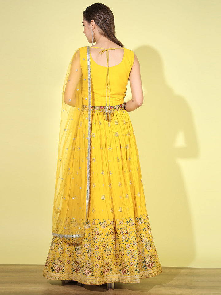 Resham Mirror Embroidered Georgette Blouse with Floral Pleated Lehenga